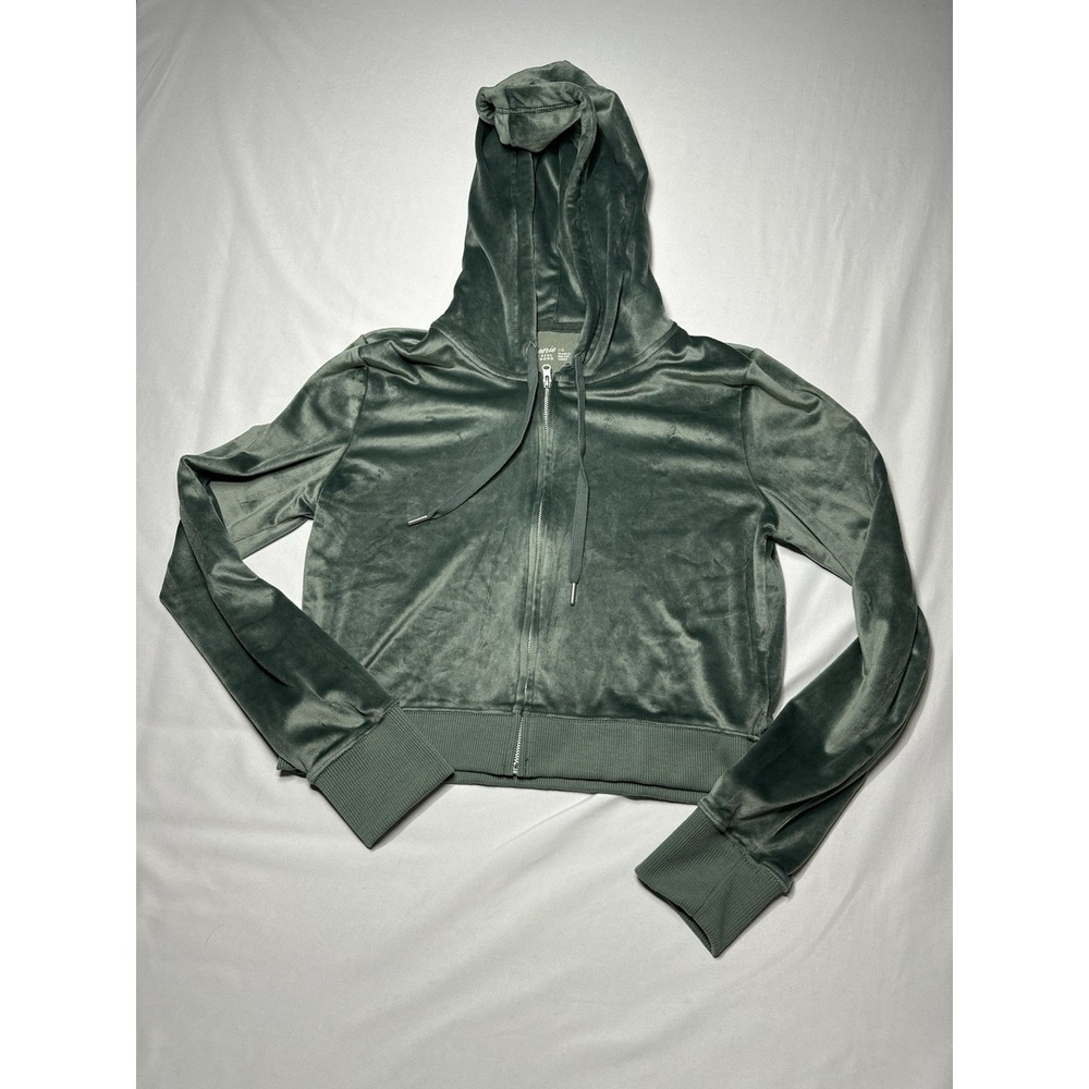 Aerie Real Good Cropped Hoodie Zip Up Green Women's L Velvet Soft Stretch